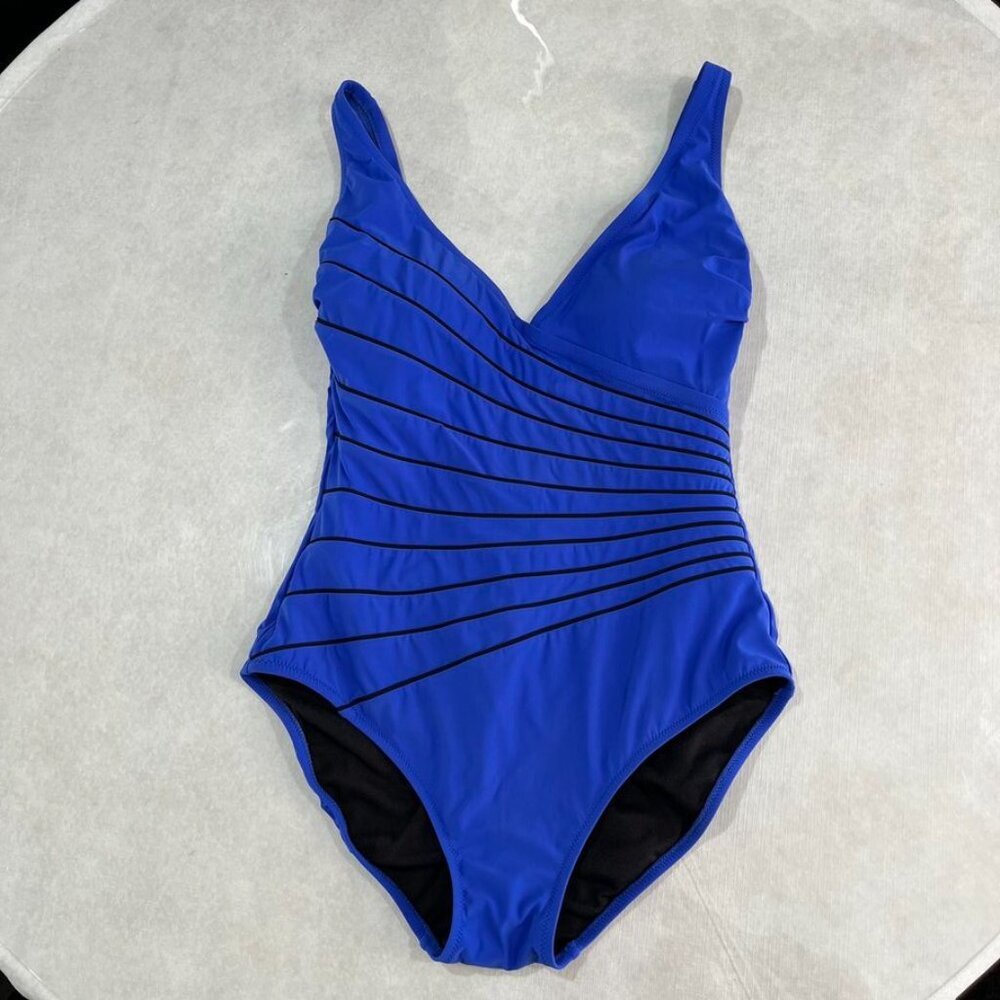 Gottex One Piece Swimsuit Ruched Molded Cup Striped Blue 12